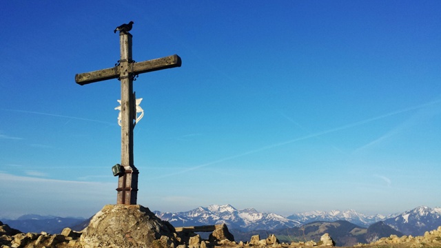 Auerhahn auf dem Gipfelkreuz des Heubergs mit Panorama